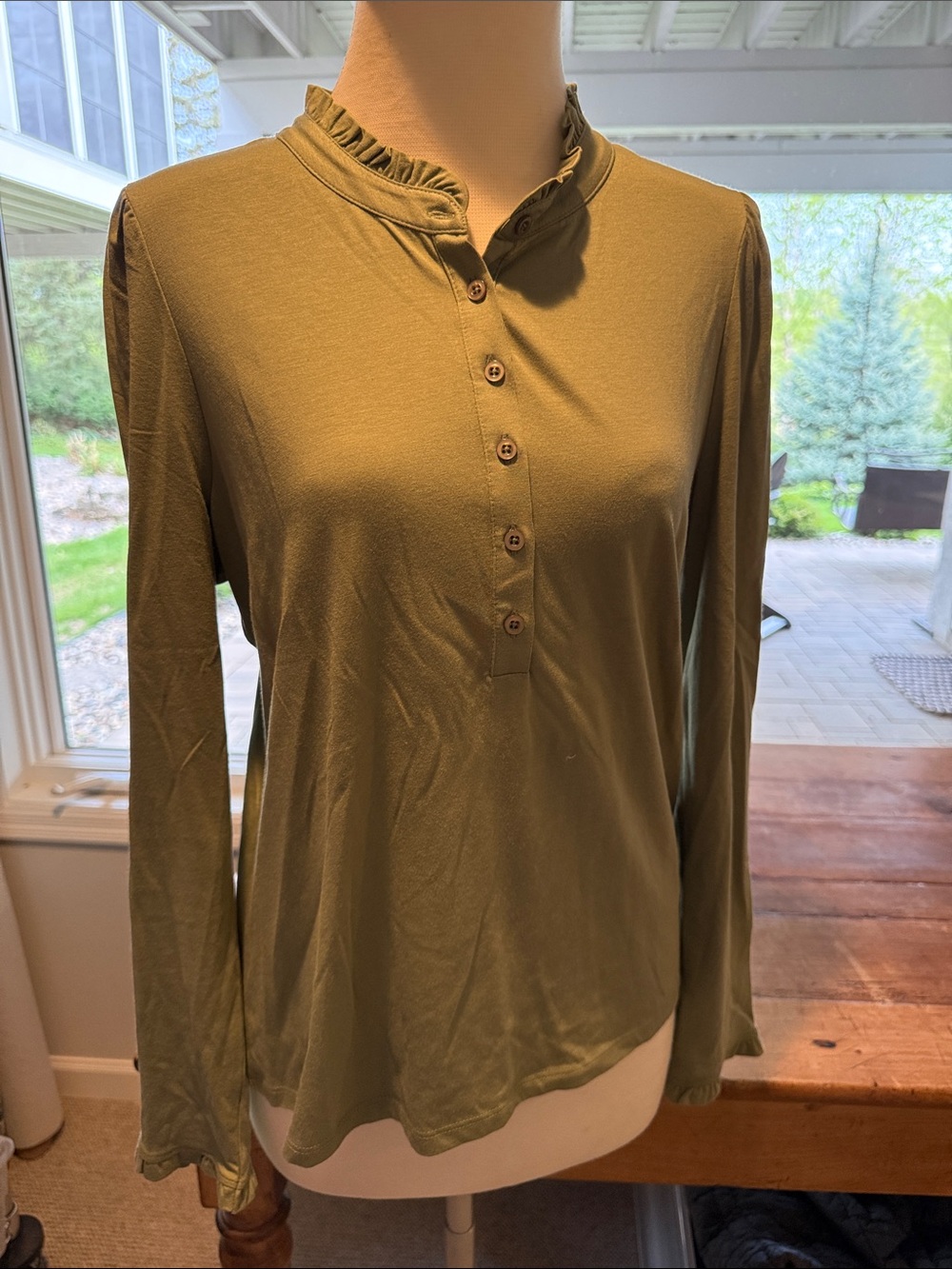 Boden Olive Ruffle Henley Long Sleeve Top